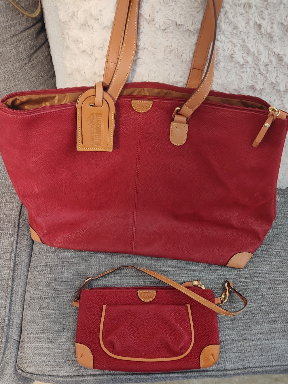 Vintage Bric's Red Faux Leather Tote with Tan Trim and Matching Wristlet
